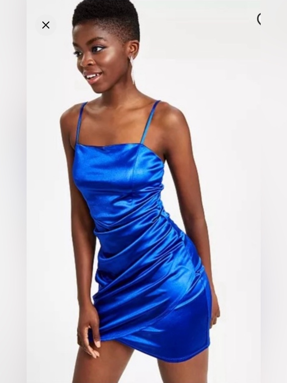 Emerald Sundae Juniors' Blue Satin Wrap-Front Ruched Bodycon Dress small